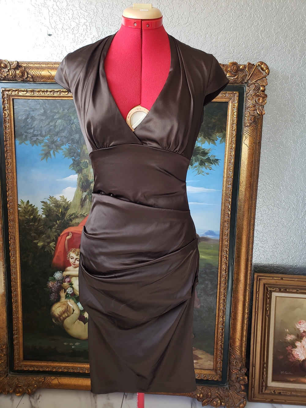 Cache Chocolate Satin V-Neck Midi Dress